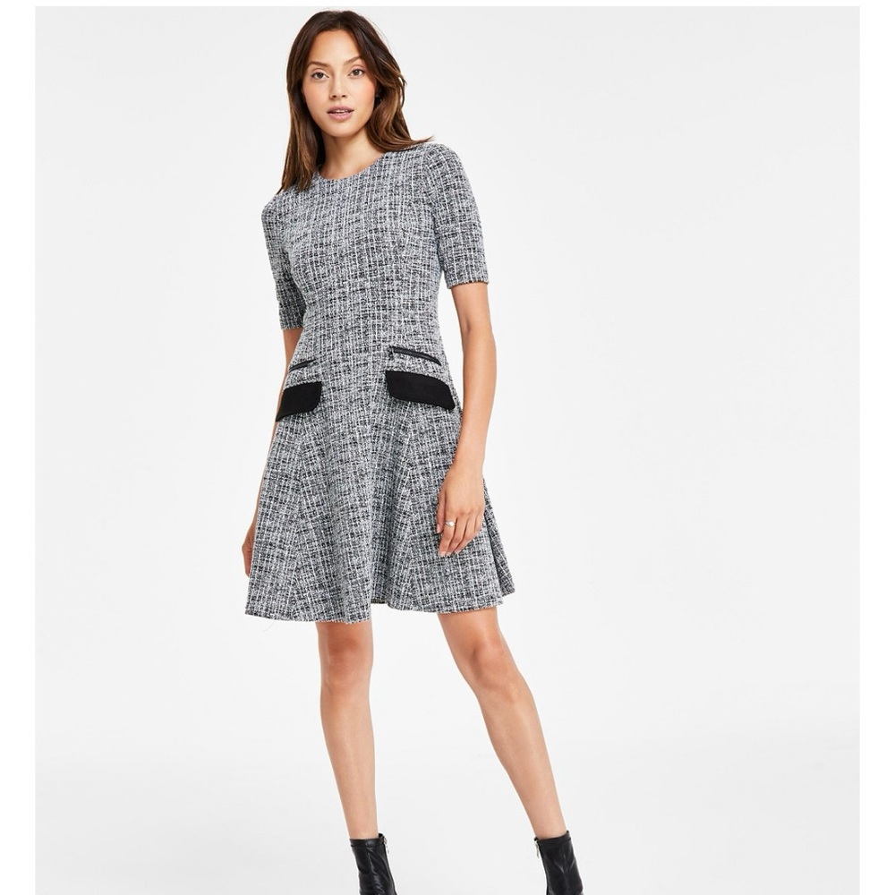 DKNY Gray and Black Women's Short Sleeve A Line Dress Size 12